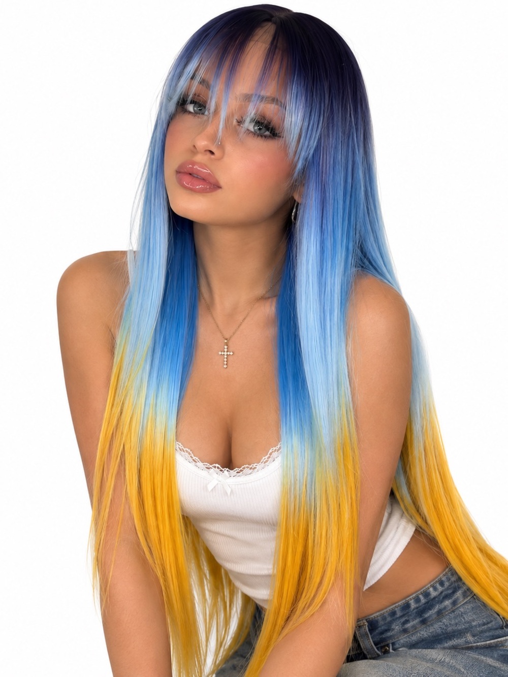 Pastel rainbow straight Long Ombre Fringe Wig in Blue and Yellow - 28 inch long